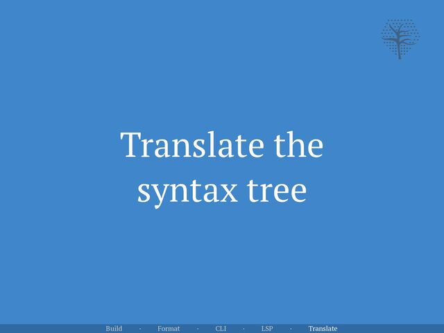Translate the


syntax tree
Build · Format · CLI · LSP · Translate
