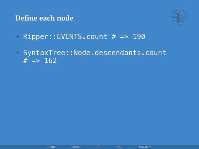 Ripper::EVENTS.count # => 190


SyntaxTree::Node.descendants.count
 
# => 162
Define each node
Build · Format · CLI · LSP · Translate
