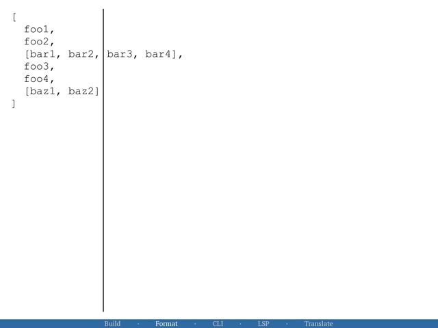 Build · Format · CLI · LSP · Translate
[


foo1,


foo2,


[bar1, bar2, bar3, bar4],


foo3,


foo4,


[baz1, baz2]


]


