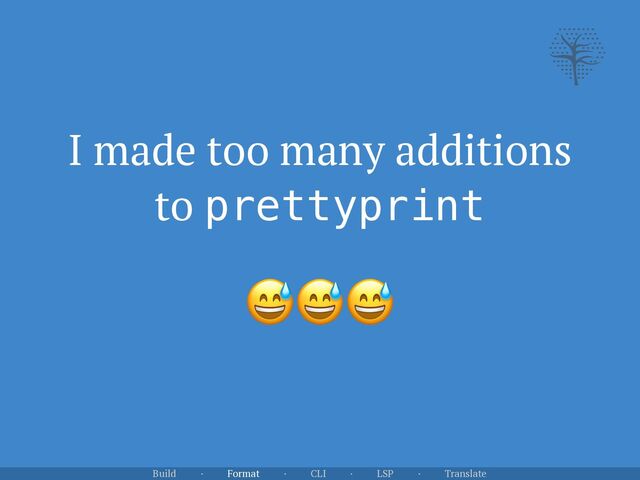 I made too many additions
to prettyprint
Build · Format · CLI · LSP · Translate
😅😅😅
