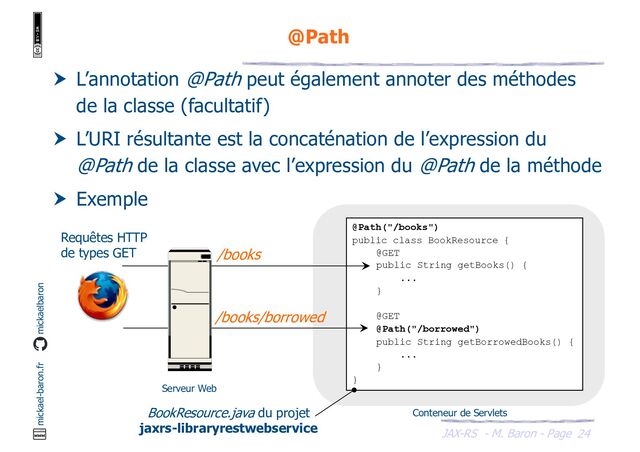 JAX-RS - M. Baron - Page
mickael-baron.fr mickaelbaron
24
@Path
 L’annotation @Path peut également annoter des méthodes
de la classe (facultatif)
 L’URI résultante est la concaténation de l’expression du
@Path de la classe avec l’expression du @Path de la méthode
 Exemple
@Path("/books")
public class BookResource {
@GET
public String getBooks() {
...
}
@GET
@Path("/borrowed")
public String getBorrowedBooks() {
...
}
}
/books
/books/borrowed
Serveur Web
Requêtes HTTP
de types GET
Conteneur de Servlets
BookResource.java du projet
jaxrs-libraryrestwebservice
