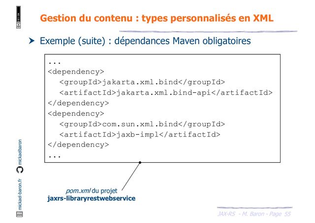 JAX-RS - M. Baron - Page
mickael-baron.fr mickaelbaron
55
Gestion du contenu : types personnalisés en XML
 Exemple (suite) : dépendances Maven obligatoires
...

jakarta.xml.bind
jakarta.xml.bind-api


com.sun.xml.bind
jaxb-impl

...
pom.xml du projet
jaxrs-libraryrestwebservice
