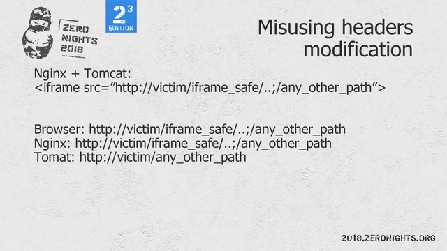 Misusing headers
modification
Nginx + Tomcat:

Browser: http://victim/iframe_safe/..;/any_other_path
Nginx: http://victim/iframe_safe/..;/any_other_path
Tomat: http://victim/any_other_path
