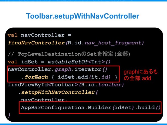 Toolbar.setupWithNavController
val navController =
findNavController(R.id.nav_host_fragment)
// TopLevelDestinationのSetを指定(全部)
val idSet = mutableSetOf()
navController.graph.iterator()
.forEach { idSet.add(it.id) }
findViewById(R.id.toolbar)
.setupWithNavController(
navController,
AppBarConfiguration.Builder(idSet).build()
)
graphにあるも
の全部 add
