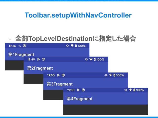 - 全部TopLevelDestinationに指定した場合
Toolbar.setupWithNavController
