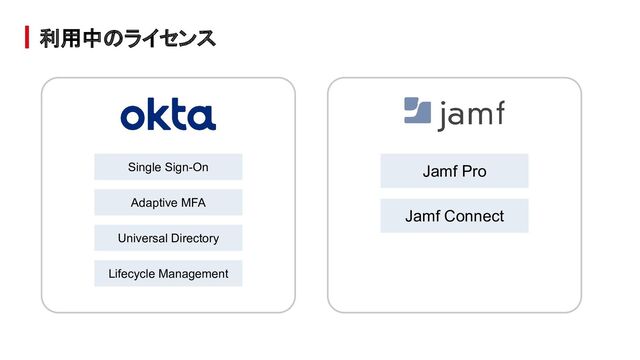 利用中のライセンス
Jamf Pro
Jamf Connect
Single Sign-On
Adaptive MFA
Universal Directory
Lifecycle Management
