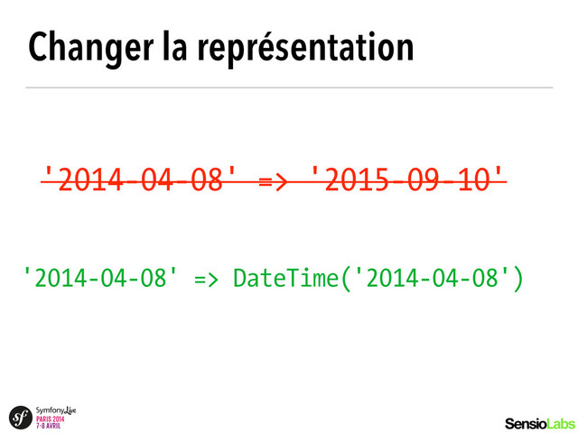Changer la représentation
'2014-04-08' => '2015-09-10'
'2014-04-08' => DateTime('2014-04-08')
