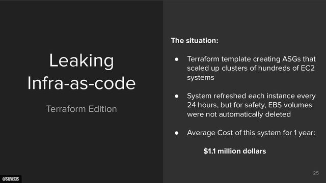 @silvexis
25
Leaking
Infra-as-code
Terraform Edition
The situation:
● Terraform template creating ASGs that
scaled up clusters of hundreds of EC2
systems
● System refreshed each instance every
24 hours, but for safety, EBS volumes
were not automatically deleted
● Average Cost of this system for 1 year:
$1.1 million dollars
