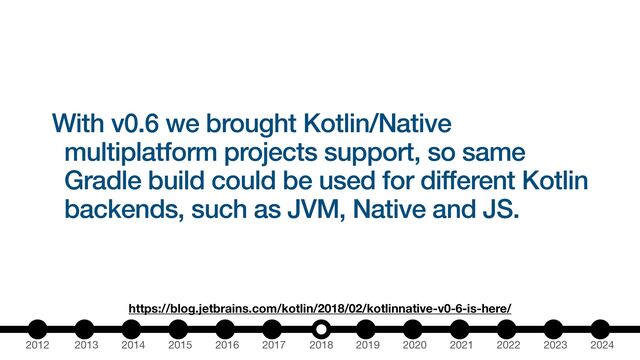 2012 2013 2014 2015 2016 2017 2018 2019 2020 2021 2022 2023 2024
https://blog.jetbrains.com/kotlin/2018/02/kotlinnative-v0-6-is-here/
With v0.6 we brought Kotlin/Native
multiplatform projects support, so same
Gradle build could be used for different Kotlin
backends, such as JVM, Native and JS.

