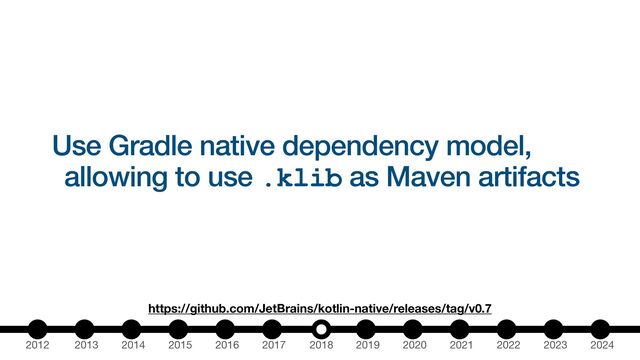 2012 2013 2014 2015 2016 2017 2018 2019 2020 2021 2022 2023 2024
https://github.com/JetBrains/kotlin-native/releases/tag/v0.7
Use Gradle native dependency model,
allowing to use .klib as Maven artifacts
