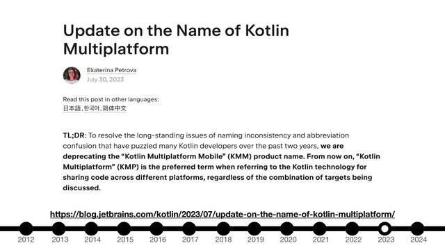 2012 2013 2014 2015 2016 2017 2018 2019 2020 2021 2022 2023 2024
https://blog.jetbrains.com/kotlin/2023/07/update-on-the-name-of-kotlin-multiplatform/
