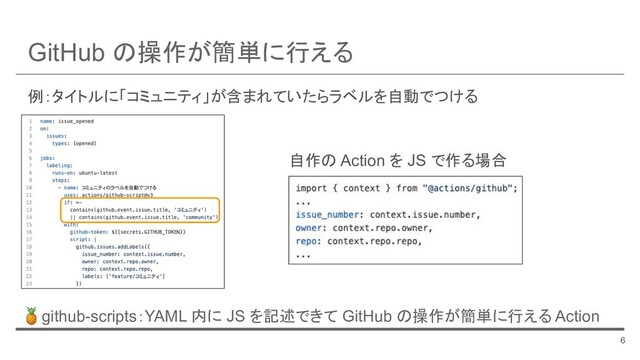 GitHub の操作が簡単に行える
6
例：タイトルに「コミュニティ」が含まれていたらラベルを自動でつける
🍍github-scripts：YAML 内に JS を記述できて GitHub の操作が簡単に行える Action
自作の Action を JS で作る場合
