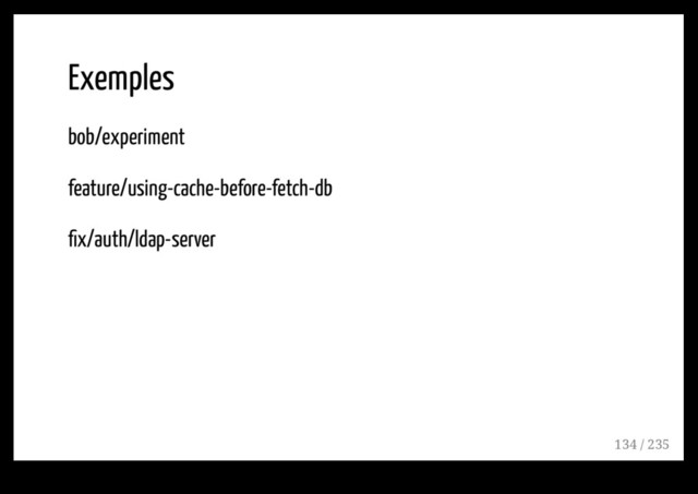 Exemples
bob/experiment
feature/using-cache-before-fetch-db
ﬁx/auth/ldap-server
134 / 235
