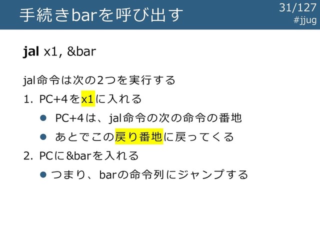 手続きbarを呼び出す
jal x1, &bar
jal命令は次の2つを実行する
1. PC+4をx1に入れる
⚫ PC+4は、jal命令の次の命令の番地
⚫ あとでこの戻り番地に戻ってくる
2. PCに&barを入れる
⚫ つまり、barの命令列にジャンプする
#jjug
31/127
