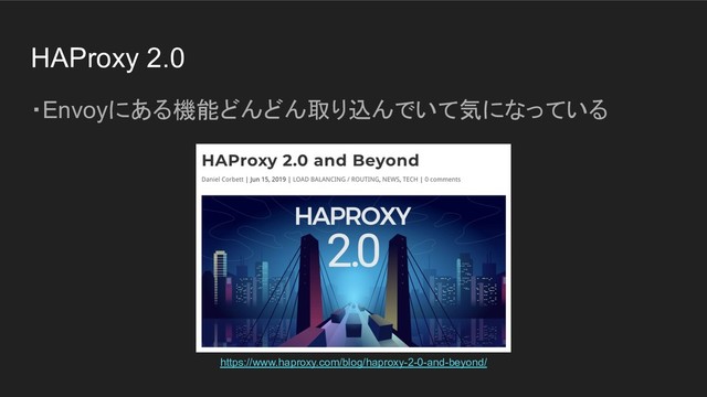 HAProxy 2.0
・Envoyにある機能どんどん取り込んでいて気になっている
https://www.haproxy.com/blog/haproxy-2-0-and-beyond/
