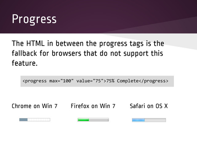 Progress
The HTML in between the progress tags is the
fallback for browsers that do not support this
feature.
Chrome on Win 7 Firefox on Win 7 Safari on OS X
75% Complete

