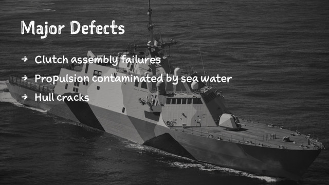 Major Defects
4 Clutch assembly failures
4 Propulsion contaminated by sea water
4 Hull cracks
