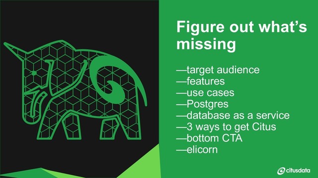 Claire Giordano | DevXcon 2018
Figure out what’s
missing
—target audience
—features
—use cases
—Postgres
—database as a service
—3 ways to get Citus
—bottom CTA
—elicorn
