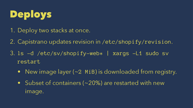 Deploys
1. Deploy two stacks at once.
2. Capistrano updates revision in /etc/shopify/revision.
3. ls -d /etc/sv/shopify-web* | xargs -L1 sudo sv
restart
• New image layer (~2 MiB) is downloaded from registry.
• Subset of containers (~20%) are restarted with new
image.

