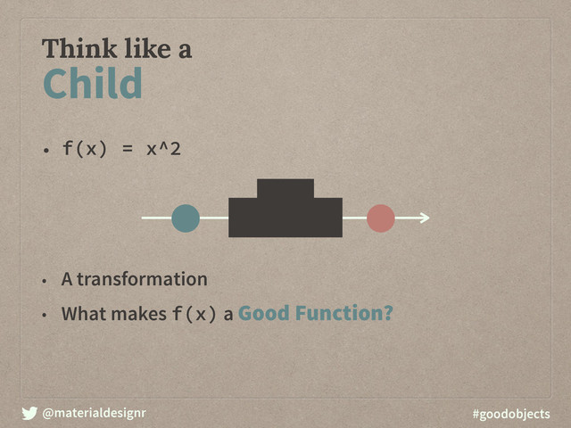 @materialdesignr #goodobjects
• f(x) = x^2
• A transformation
• What makes f(x) a Good Function?
Think like a
Child
