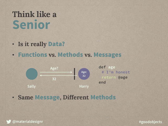 @materialdesignr #goodobjects
Think like a
• Is it really Data?
• Functions vs. Methods vs. Messages
• Same Message, Different Methods
Senior
Sally Harry
Age: 
32
32
Age? def age
# I’m honest
return @age
end
