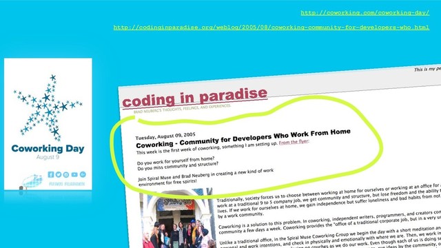 http://coworking.com/coworking-day/
http://codinginparadise.org/weblog/2005/08/coworking-community-for-developers-who.html
