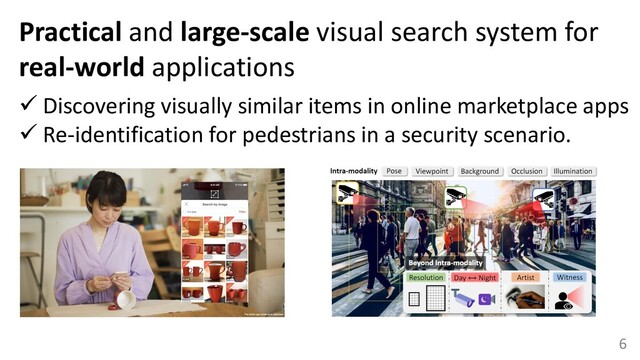 6
Practical and large-scale visual search system for
real-world applications
✓ Discovering visually similar items in online marketplace apps
✓ Re-identification for pedestrians in a security scenario.
