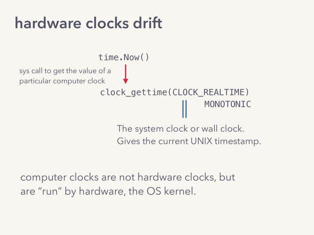 computer clocks are not hardware clocks, but
are “run” by hardware, the OS kernel.
time.Now()
MONOTONIC
clock_gettime(CLOCK_REALTIME)
sys call to get the value of a
particular computer clock
The system clock or wall clock.
Gives the current UNIX timestamp.
hardware clocks drift
