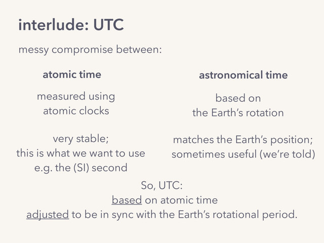 interlude: UTC
messy compromise between:
measured using
atomic clocks
atomic time
based on
the Earth’s rotation
astronomical time
very stable;
this is what we want to use
e.g. the (SI) second
matches the Earth’s position;
sometimes useful (we’re told)
So, UTC:
based on atomic time
adjusted to be in sync with the Earth’s rotational period.
