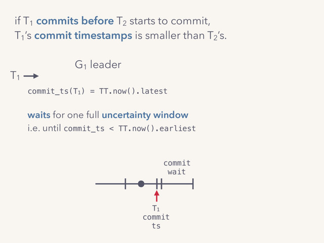 commit_ts(T1) = TT.now().latest
waits for one full uncertainty window
i.e. until commit_ts < TT.now().earliest
then, commits and replies.
G1
leader
if T1
commits before T2
starts to commit,
T1
’s commit timestamps is smaller than T2
’s.
T1
commit
wait
T1
commit
ts

