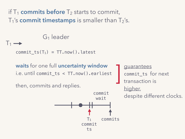 commit_ts(T1) = TT.now().latest
waits for one full uncertainty window
i.e. until commit_ts < TT.now().earliest
then, commits and replies.
G1
leader
if T1
commits before T2
starts to commit,
T1
’s commit timestamps is smaller than T2
’s.
T1
commits
guarantees
commit_ts for next
transaction is
higher,
despite different clocks.
]
commit
wait
T1
commit
ts
