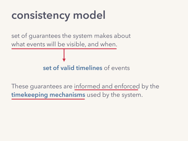 consistency model
set of guarantees the system makes about
what events will be visible, and when.
set of valid timelines of events
These guarantees are informed and enforced by the
timekeeping mechanisms used by the system.
