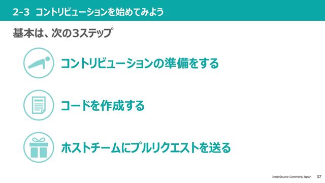 37
InnerSource Commons Japan
2-3 コントリビューションを始めてみよう
基本は、次の3ステップ
コードを作成する
ホストチームにプルリクエストを送る
コントリビューションの準備をする
