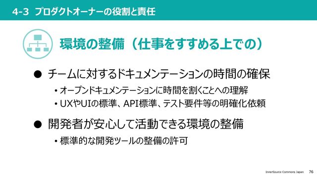 76
InnerSource Commons Japan
4-3 プロダクトオーナーの役割と責任
● チームに対するドキュメンテーションの時間の確保
• オープンドキュメンテーションに時間を割くことへの理解
• UXやUIの標準、API標準、テスト要件等の明確化依頼
● 開発者が安⼼して活動できる環境の整備
• 標準的な開発ツールの整備の許可
環境の整備（仕事をすすめる上での）
