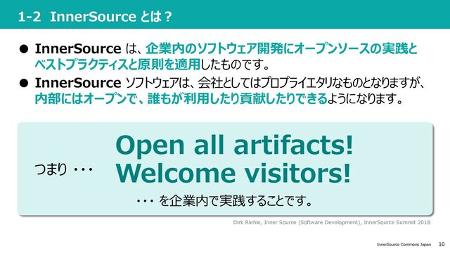 10
InnerSource Commons Japan
1-2 InnerSource とは︖
● InnerSource は、企業内のソフトウェア開発にオープンソースの実践と
ベストプラクティスと原則を適⽤したものです。
● InnerSource ソフトウェアは、会社としてはプロプライエタリなものとなりますが、
内部にはオープンで、誰もが利⽤したり貢献したりできるようになります。
Dirk Riehle, Inner Source (Software Development), InnerSource Summit 2018
・・・ を企業内で実践することです。
Welcome visitors!
Open all artifacts!
つまり ・・・
