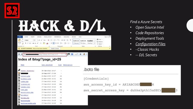 HACK & D/L
ACCESS
Bryce Kunz - @TweekFawkes
Find a Azure Secrets
• Open Source Intel
• Code Repositories
• Deployment Tools
• Configuration Files
• - Classic Hacks
• -- D/L Secrets
