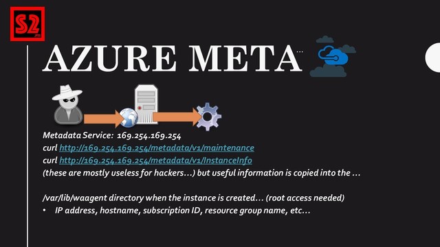 AZURE META
Metadata Service: 169.254.169.254
curl http://169.254.169.254/metadata/v1/maintenance
curl http://169.254.169.254/metadata/v1/InstanceInfo
(these are mostly useless for hackers…) but useful information is copied into the …
/var/lib/waagent directory when the instance is created… (root access needed)
• IP address, hostname, subscription ID, resource group name, etc…
…
