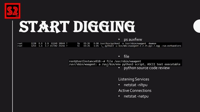 START DIGGING
• ps auxfww
• file
• python source code review
Listening Services
• netstat -nltpu
Active Connections
• netstat -natpu
