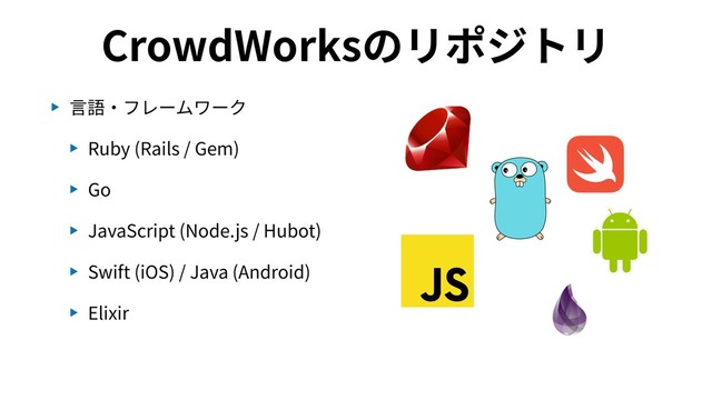 CrowdWorksのリポジトリ
▶ ⾔語・フレームワーク
▶ Ruby (Rails / Gem)
▶ Go
▶ JavaScript (Node.js / Hubot)
▶ Swift (iOS) / Java (Android)
▶ Elixir
