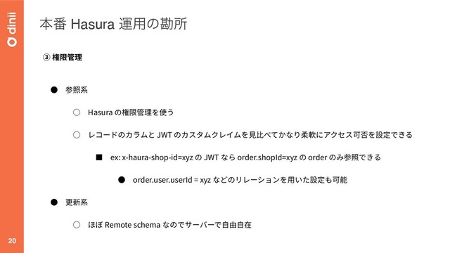 ຊ൪ Hasura ӡ༻ͷצॴ
20
ま
ほ Hasura
ほ JWT
ち ex: x-haura-shop-id=xyz JWT order.shopId=xyz order
ま order.user.userId = xyz
ま
ほ Remote schema
