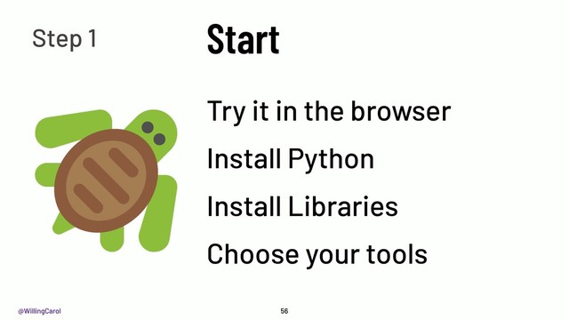 @WillingCarol
Start
56
Try it in the browser
Install Python
Install Libraries
Choose your tools
Step 1
