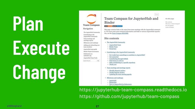 @WillingCarol
Plan
Execute
Change
87
https://jupyterhub-team-compass.readthedocs.io
https://github.com/jupyterhub/team-compass
