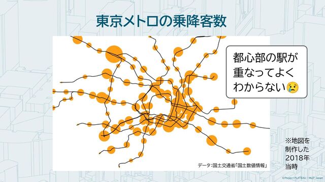 ©Project PLATEAU / MLIT Japan
東京メトロの乗降客数
※地図を
制作した
2018年
当時
都心部の駅が
重なってよく
わからない😢
データ：国土交通省「国土数値情報」
