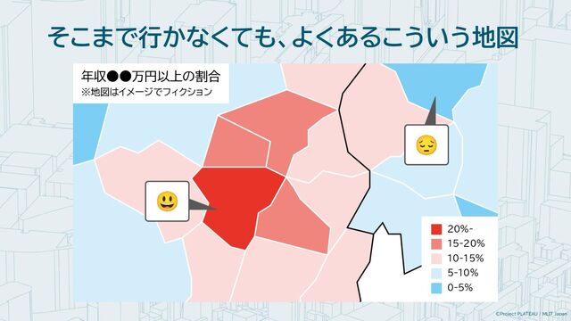 ©Project PLATEAU / MLIT Japan
年収●●万円以上の割合
※地図はイメージでフィクション
そこまで行かなくても、よくあるこういう地図
20%-
15-20%
10-15%
5-10%
0-5%
😔
😃
