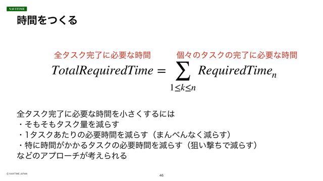 ࣌ؒΛͭ͘Δ

TotalRequiredTime = ∑
1≤k≤n
RequiredTimen

શλεΫ׬ྃʹඞཁͳ࣌ؒ ݸʑͷλεΫͷ׬ྃʹඞཁͳ࣌ؒ
શλεΫ׬ྃʹඞཁͳ࣌ؒΛখ͘͢͞Δʹ͸
ɾͦ΋ͦ΋λεΫྔΛݮΒ͢
ɾλεΫ͋ͨΓͷඞཁ࣌ؒΛݮΒ͢ʢ·Μ΂Μͳ͘ݮΒ͢ʣ
ɾಛʹ͕͔͔࣌ؒΔλεΫͷඞཁ࣌ؒΛݮΒ͢ʢૂ͍ܸͪͰݮΒ͢ʣ
ͳͲͷΞϓϩʔν͕ߟ͑ΒΕΔ
