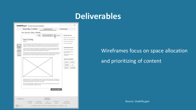 Deliverables
Wireframes focus on space allocation
and prioritizing of content
Source: Usability.gov

