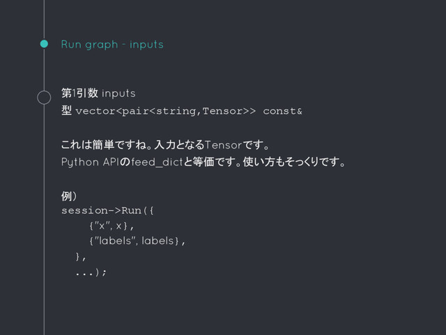 Run graph - inputs
第1引数 inputs
型 vector> const&
これは簡単ですね。入力となるTensorです。
Python APIのfeed_dictと等価です。使い方もそっくりです。
例）
session->Run({
{"x", x},
{"labels", labels},
},
...);
