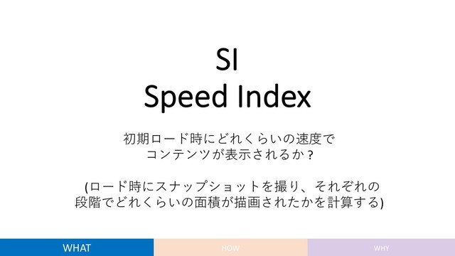 SI
Speed Index
初期ロード時にどれくらいの速度で
コンテンツが表⽰されるか ?
(ロード時にスナップショットを撮り、それぞれの
段階でどれくらいの⾯積が描画されたかを計算する)
WHAT HOW WHY
