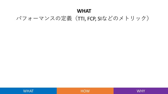 WHAT
パフォーマンスの定義（TTI, FCP, SIなどのメトリック）
WHAT HOW WHY

