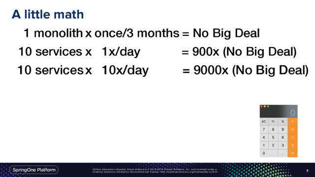 Unless otherwise indicated, these slides are © 2013-2016 Pivotal Software, Inc. and licensed under a
Creative Commons Attribution-NonCommercial license: http://creativecommons.org/licenses/by-nc/3.0/
A little math
4
1 monolith x once/3 months = No Big Deal
10 services x 1x/day = 900x (No Big Deal)
10 servicesx 10x/day = 9000x (No Big Deal)
